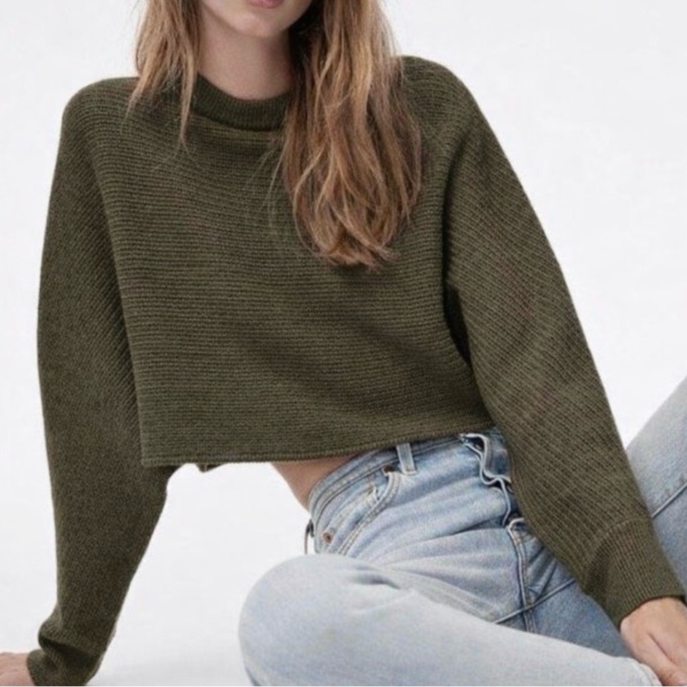Aritzia Wilfred Free Lolan Cropped Oversized Merino Wool Ribbed Sweater Green XS